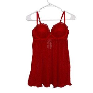 Daisy Fuentes Red Sheer Heart Mesh Lingerie Babydoll Adjustable Straps & Ruffle